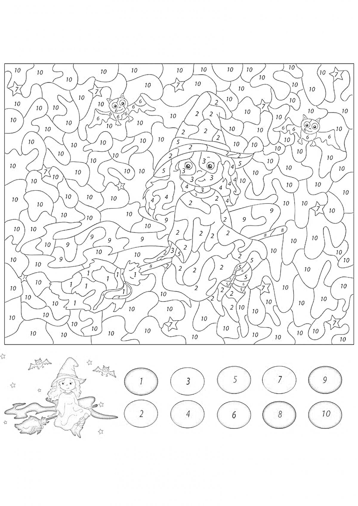 Раскраска Раскраска по цифрам — ведьма, кот и летучие мыши