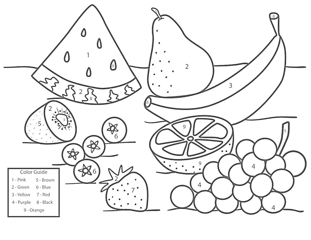 На раскраске изображено: Фрукты, Еда, Арбуз, Банан, Киви, Апельсин, Клубника, Виноград, Образовательный