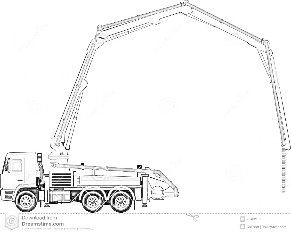 Раскраска Бетононасос на грузовике с выдвинутой стрелой