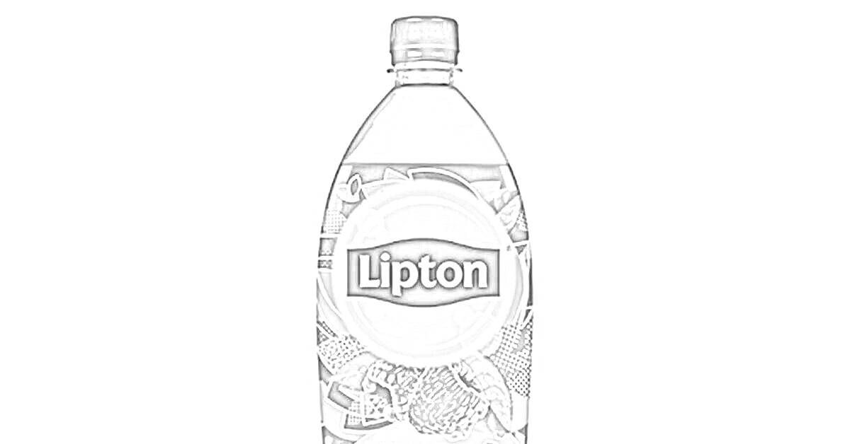 Бутылка Lipton с красной крышкой и малиновым напитком, украшенная изображениями листьев и малины на этикетке