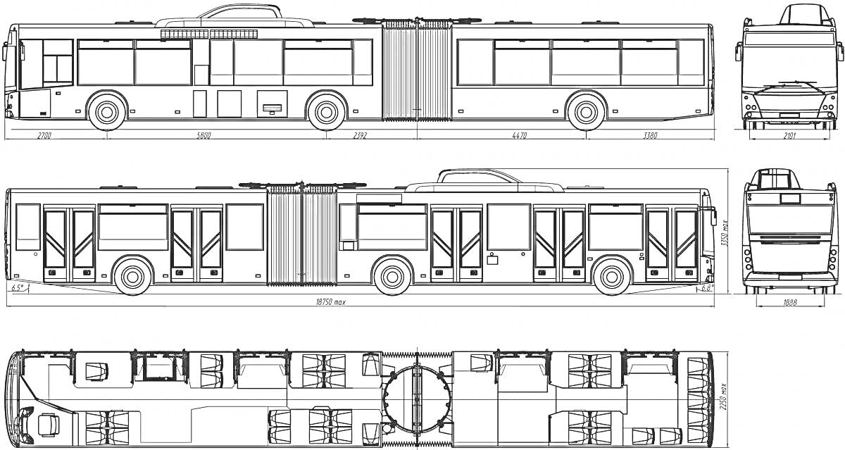 Раскраска Чертежи и схемы автобуса Нефаз с видами спереди, сзади, сбоку и сверху