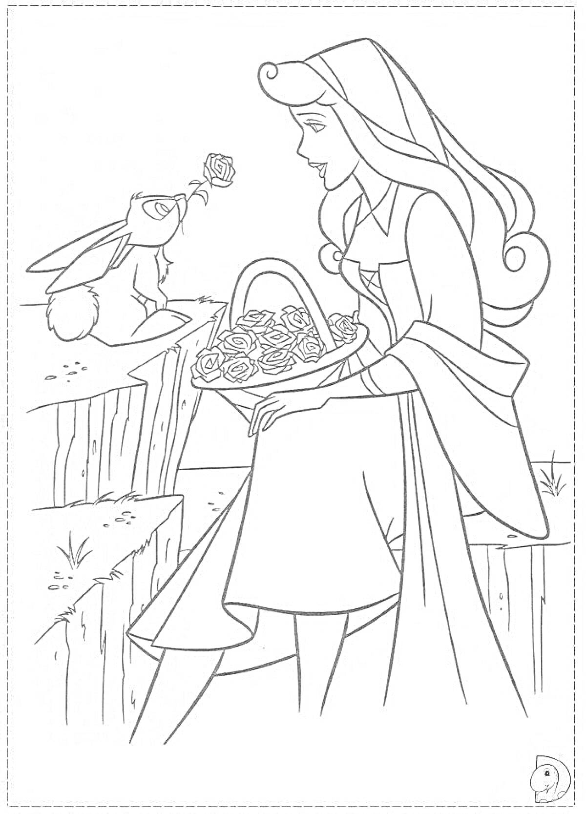 Раскраска Принцесса с корзинкой цветов и кролик с розой