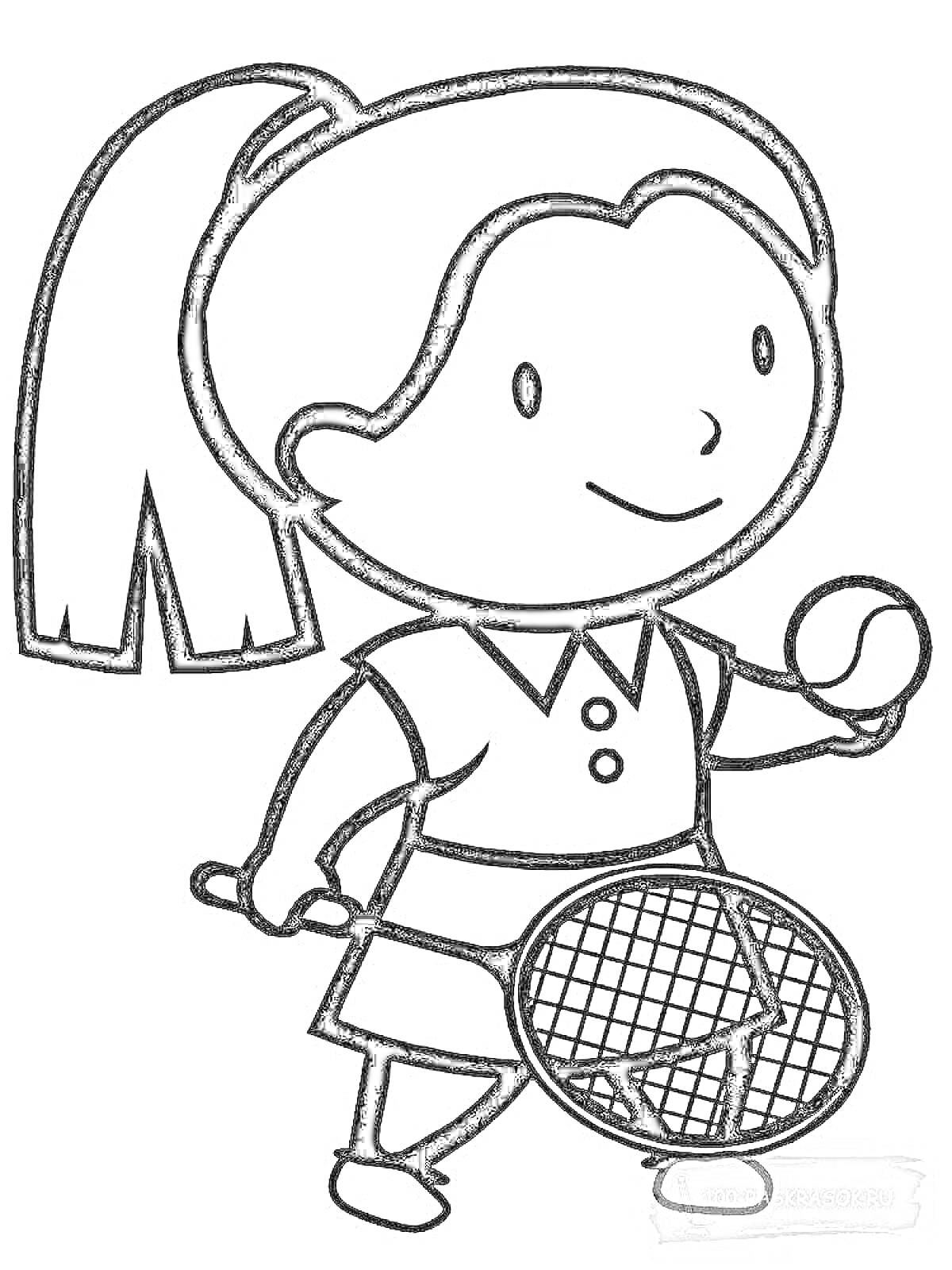 Раскраска Девочка с теннисной ракеткой и мячом