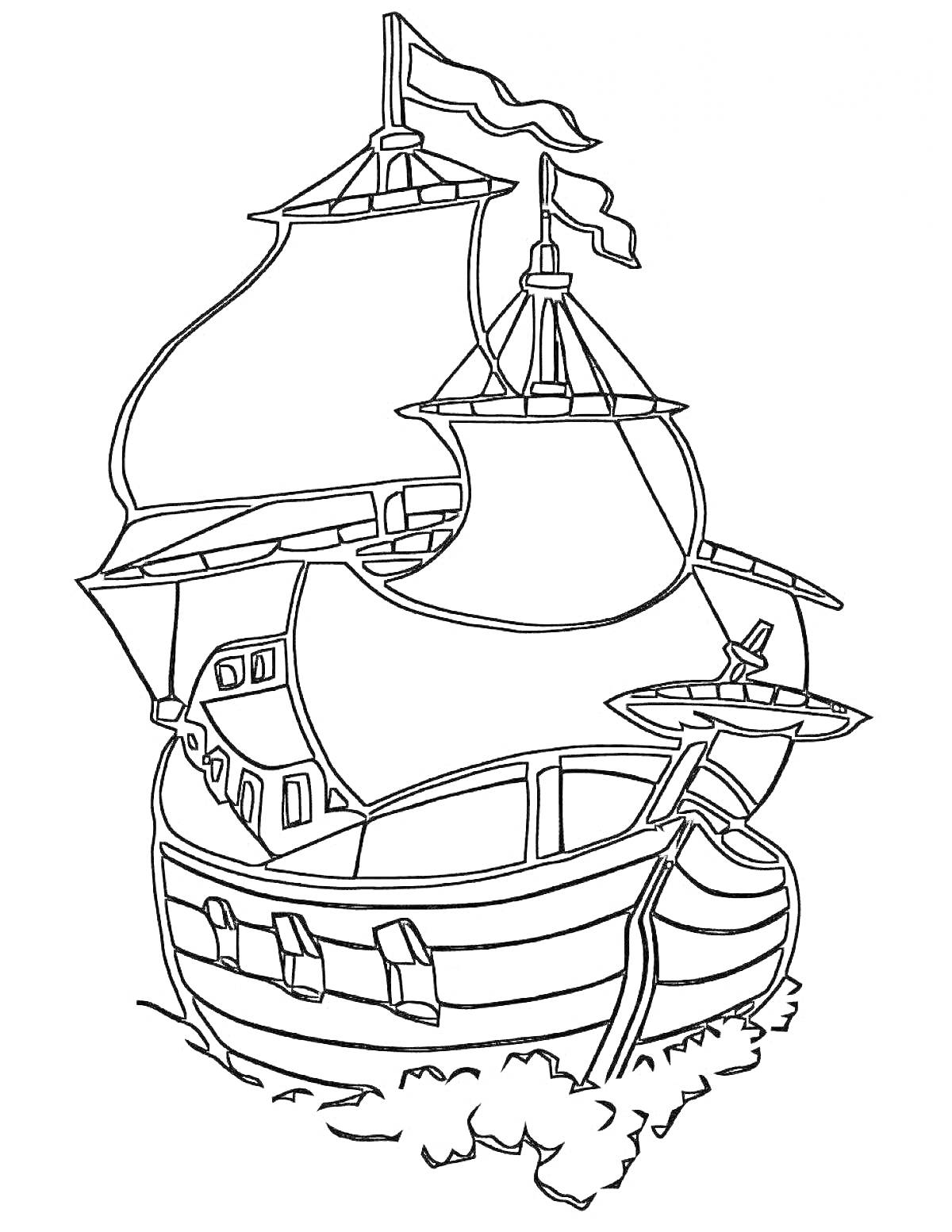 На раскраске изображено: Парусный корабль, Море, Волны, Паруса, Старинный корабль, Судно, Флот