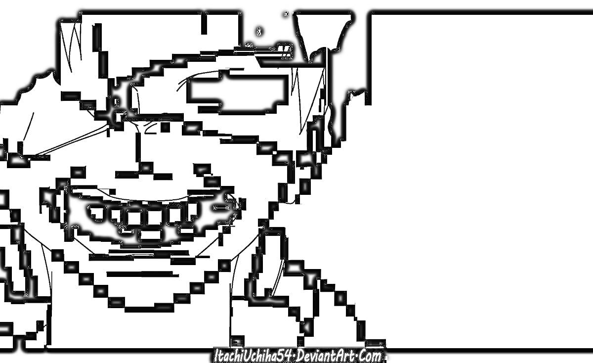 Раскраска Канеко Кен. Изображение лица с полуприкрытым глазом, широкая ухмылка, черно-белый пиксельный стиль.