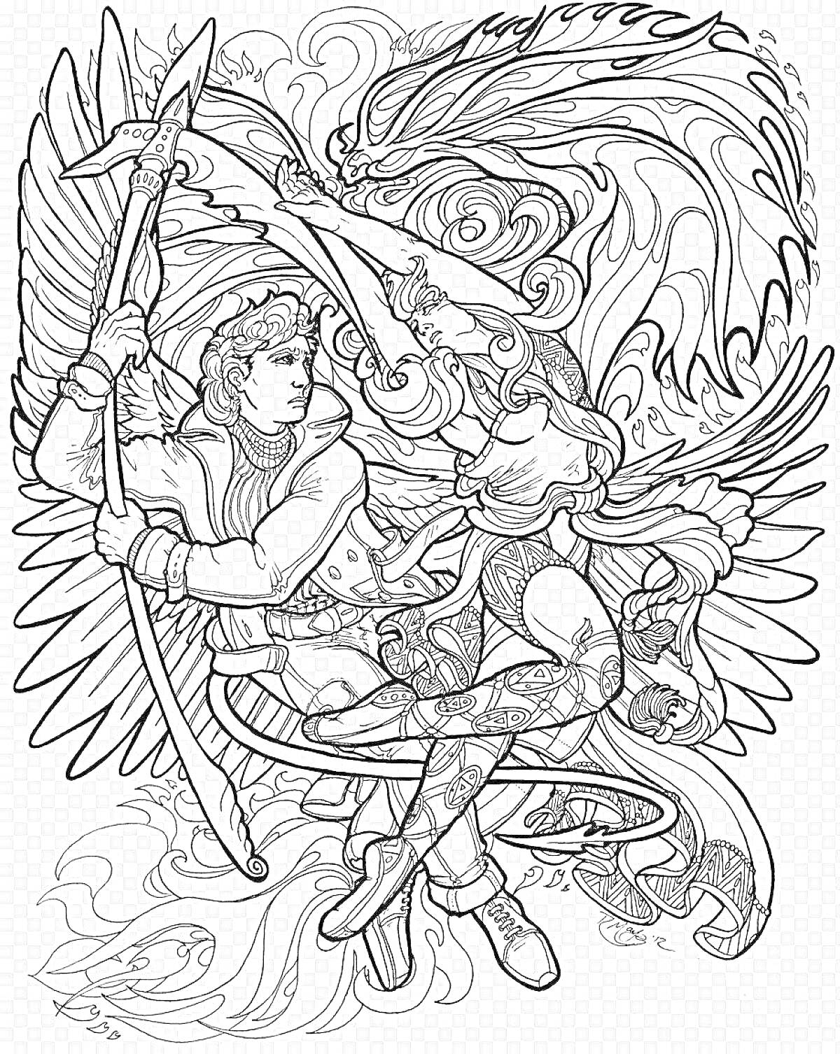 Раскраска Воин с крыльями и женщина с мечом сражаются с драконом