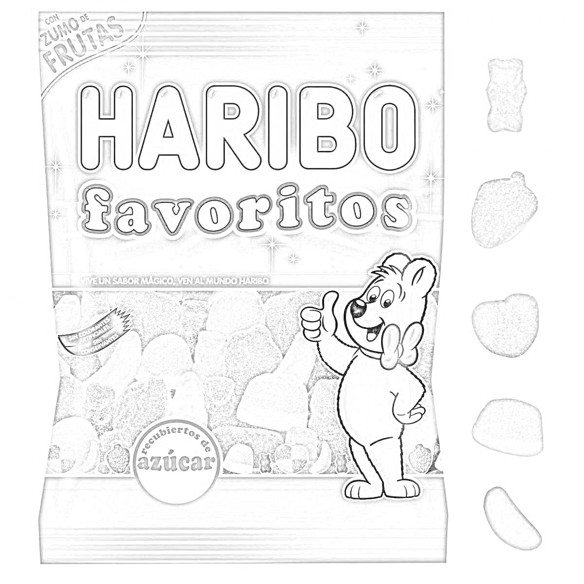 Раскраска Упаковка мармеладок HARIBO favoritos с изображением медведя и разноцветных мармеладок различных форм (медведь, клубника, сердце, полумесяц).