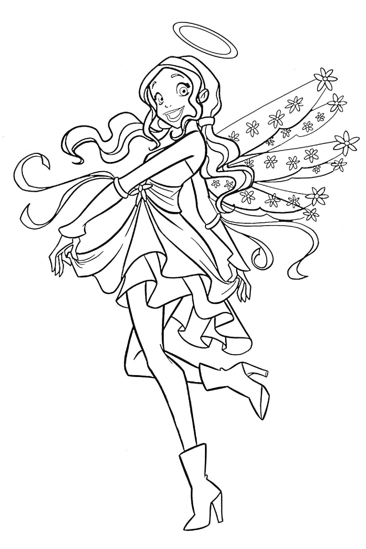 Раскраска Ангел с нимбом, длинными волосами и крыльями в форме цветов в платье и сапогах
