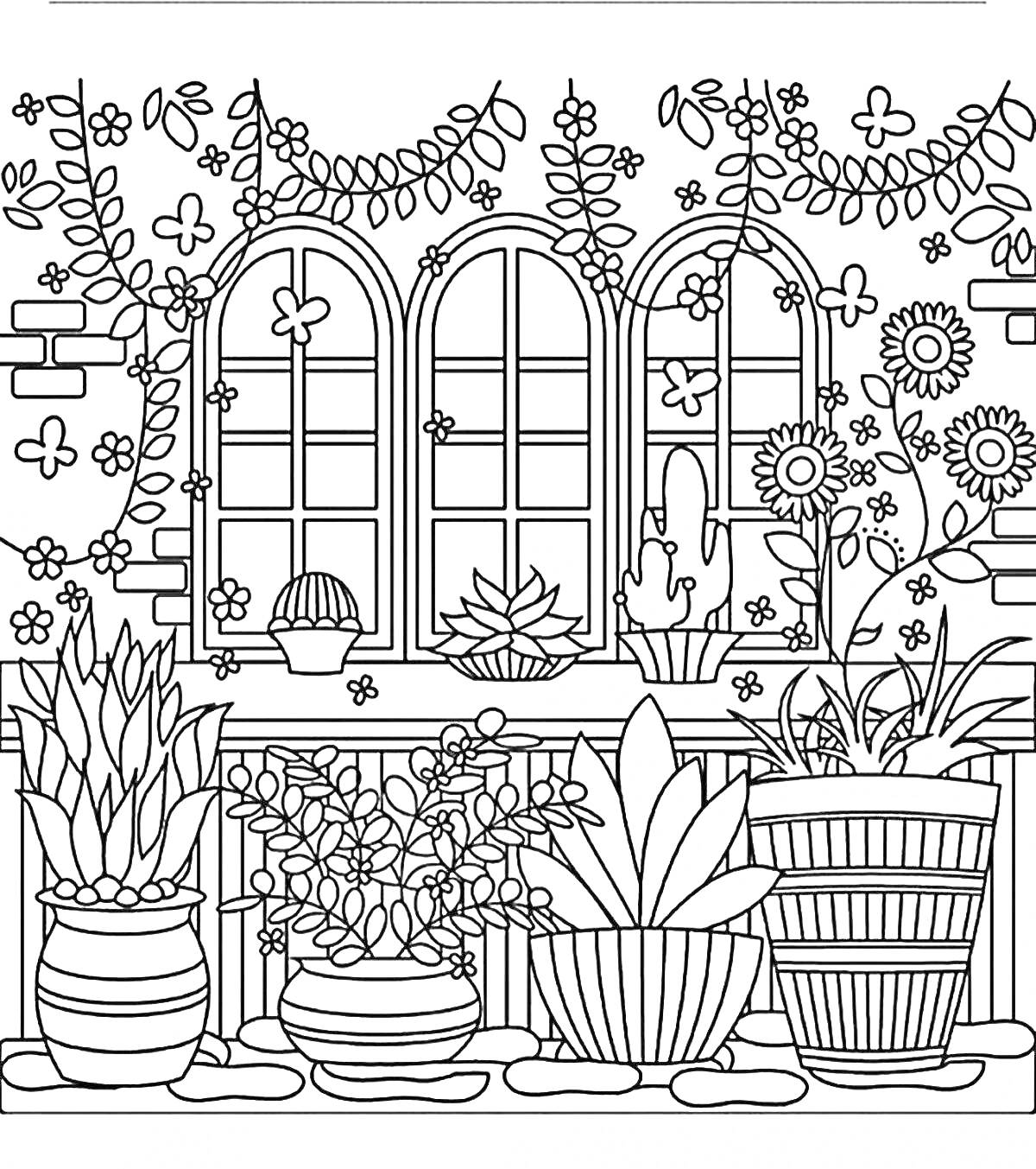 Раскраска Цветочный сад с разнообразными растениями на фоне окна с тремя арками и кирпичной стеной