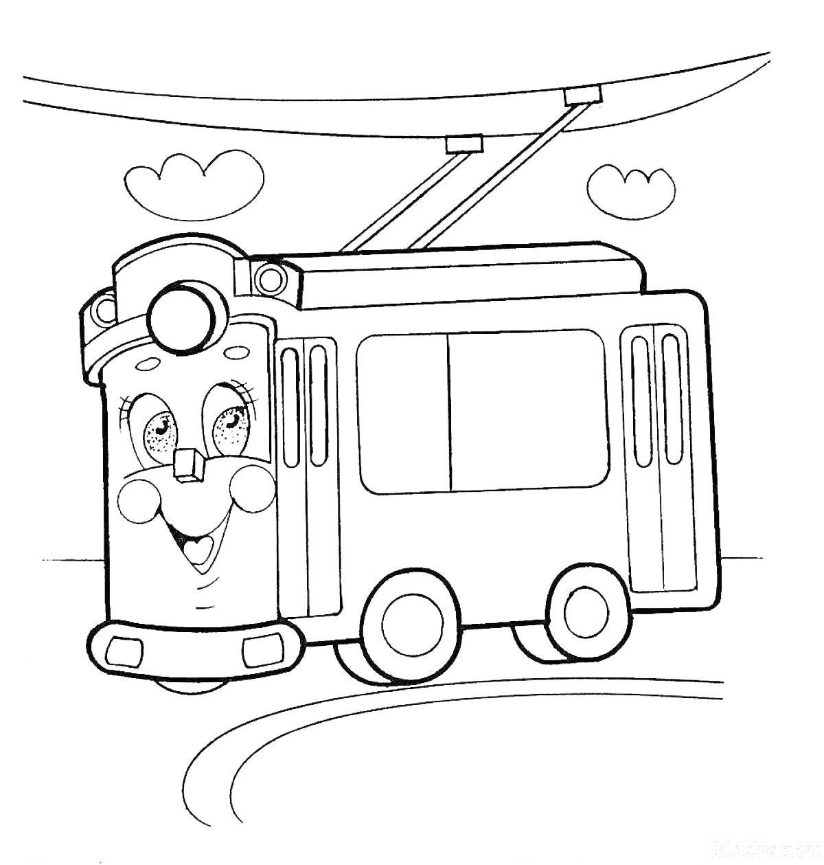 Раскраска Веселый троллейбус с улыбающимся лицом, провода, облака