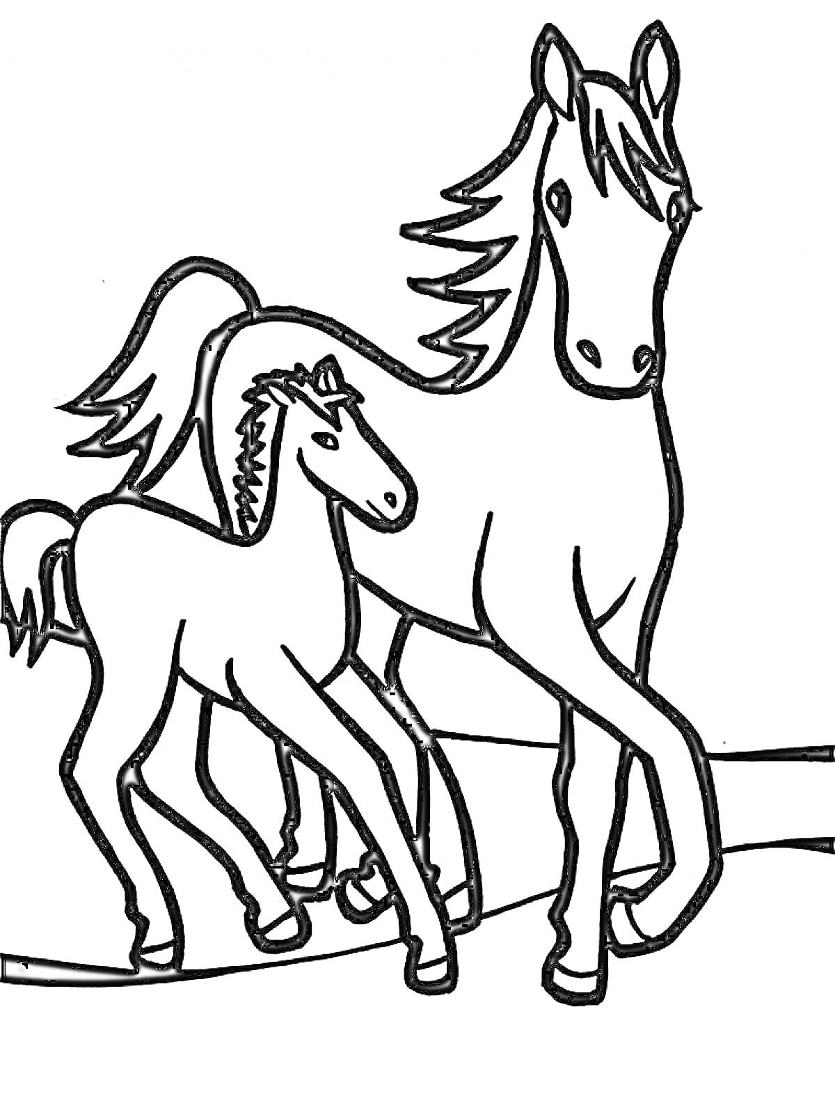 Лошади - Взрослая лошадь с жеребенком на фоне холмов