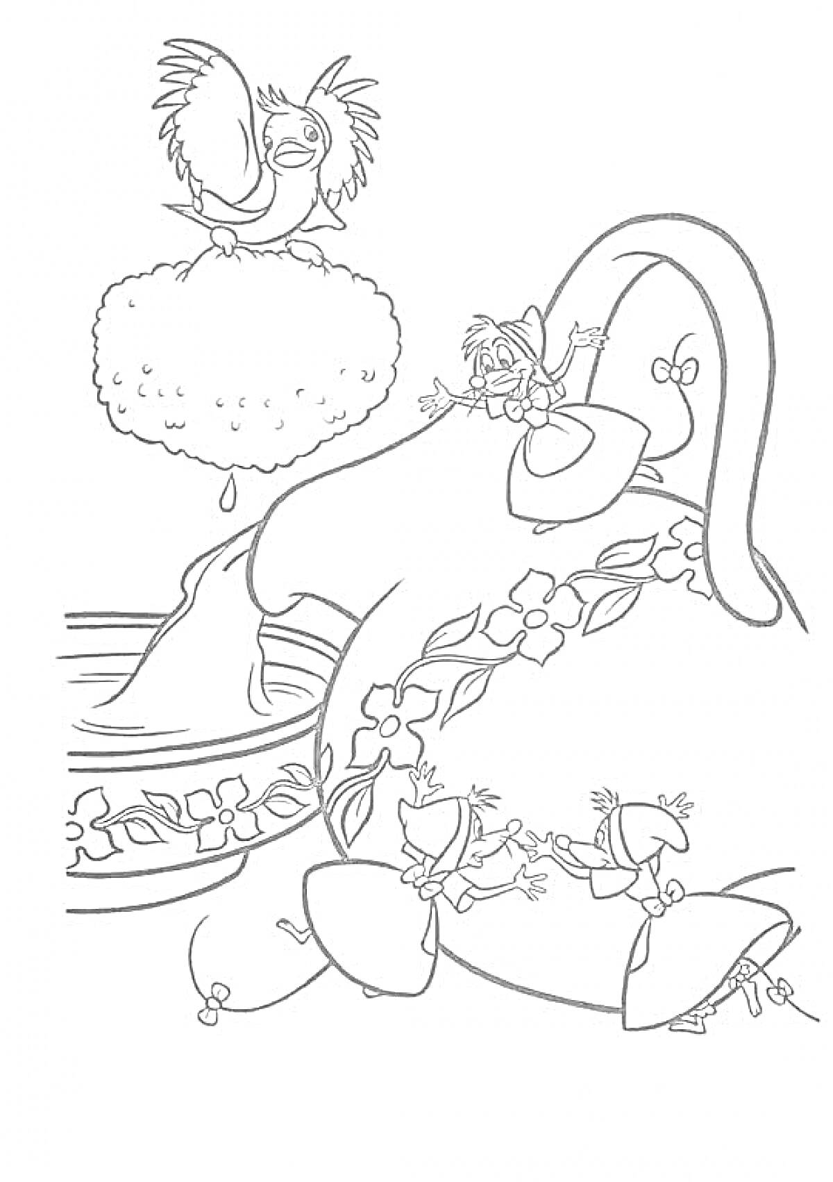 На раскраске изображено: Золушка, Фея, Обувь, Птица, Из сказок, Цветы, Мышь, Туфли