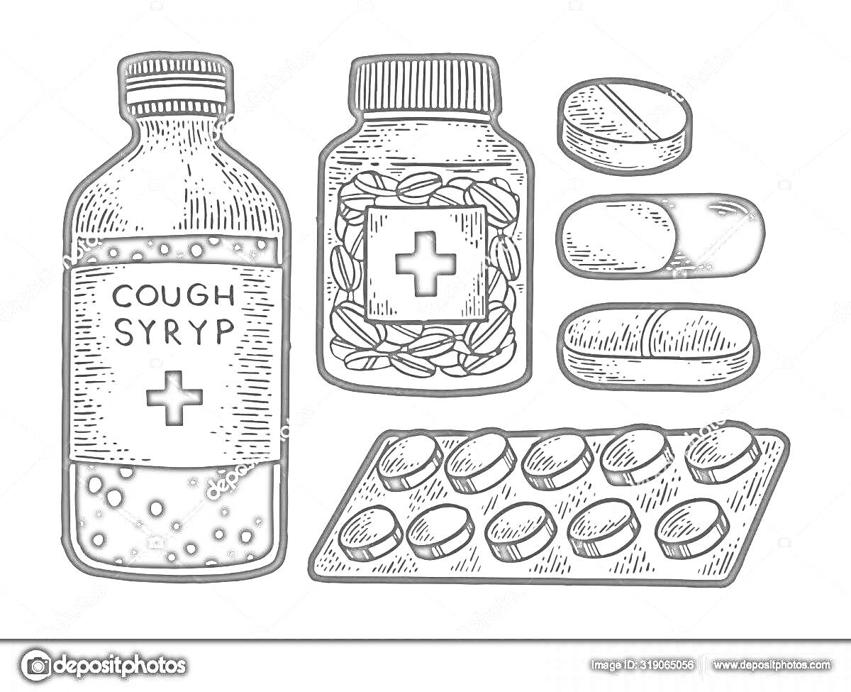 Раскраска Бутылка сиропа, банка с таблетками, три разные таблетки и блистер с таблетками