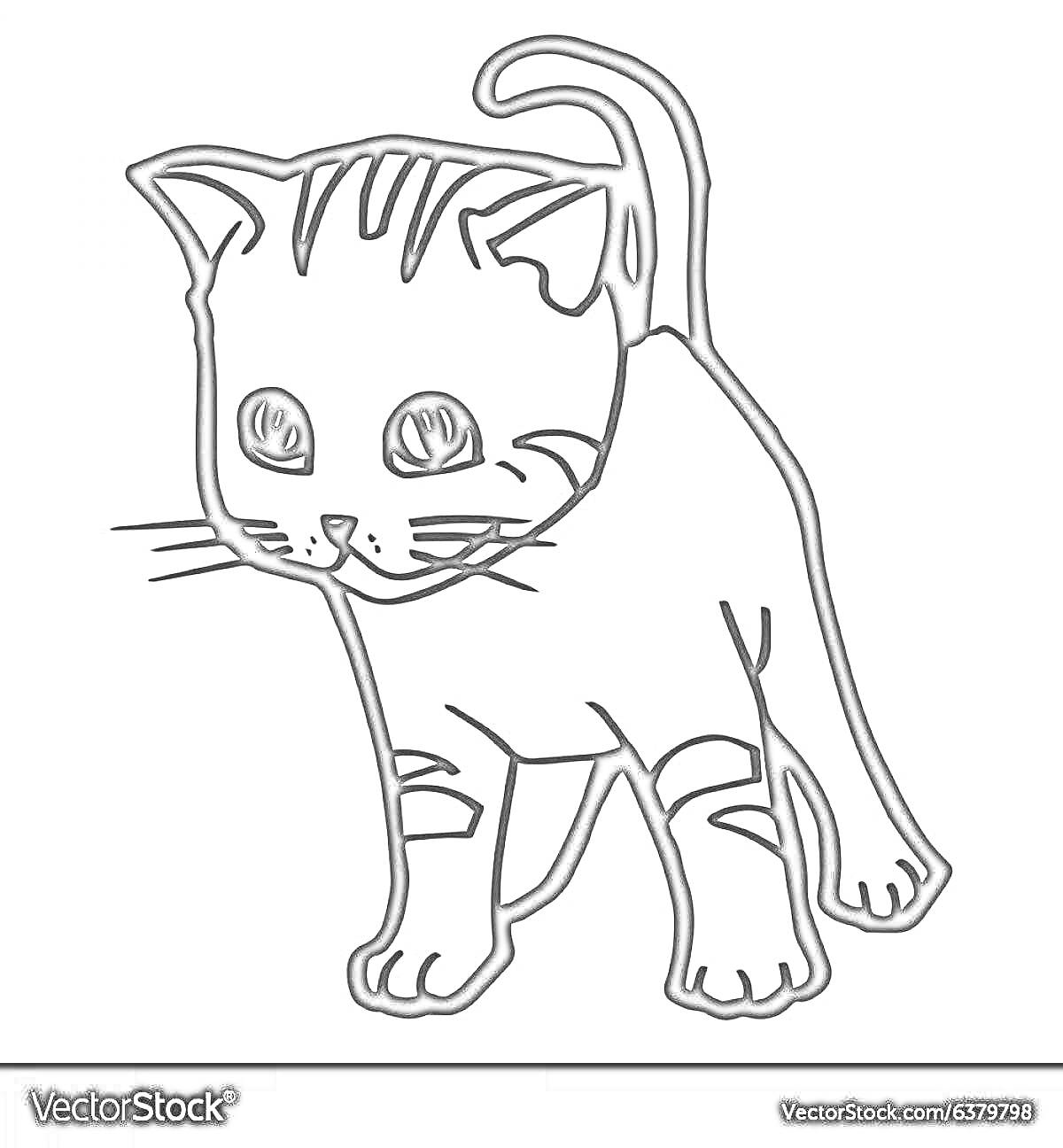 Мультяшный котенок с полосками и поднятым хвостом