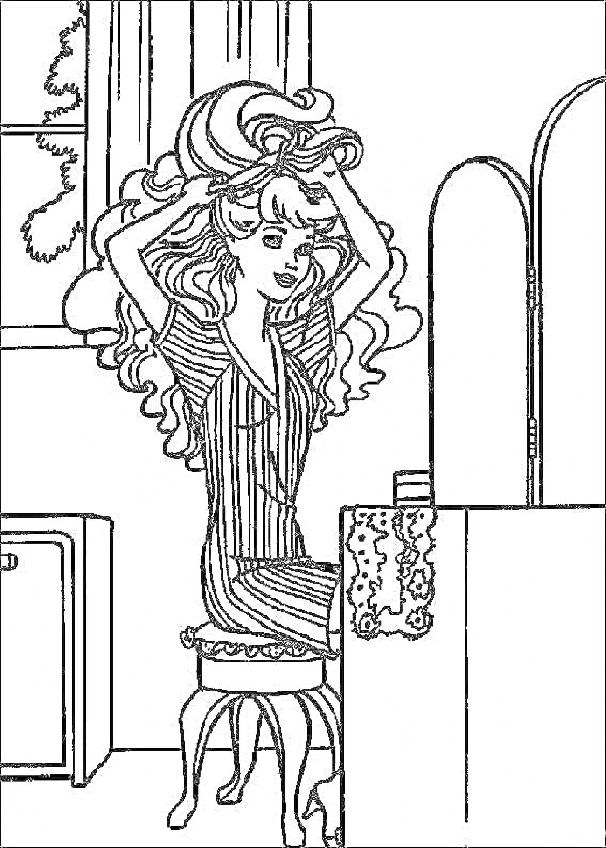 Раскраска Женщина с длинными волосами перед зеркалом в салоне красоты, с табуретом, столом, корзиной и шторами на окне