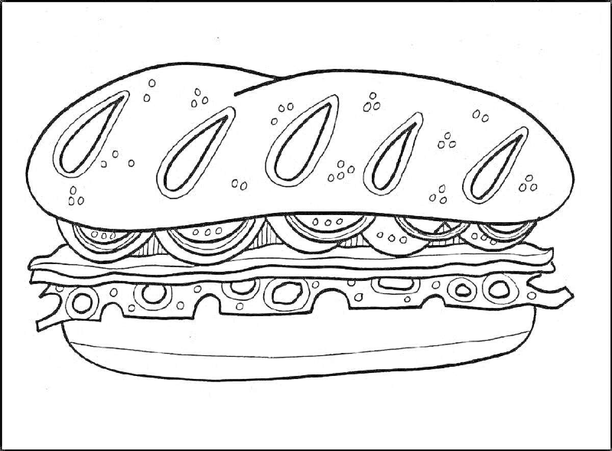 На раскраске изображено: Сэндвич, Хлеб, Овощи, Лук, Салат, Ломтики, Мясо, Еда, Бутерброд