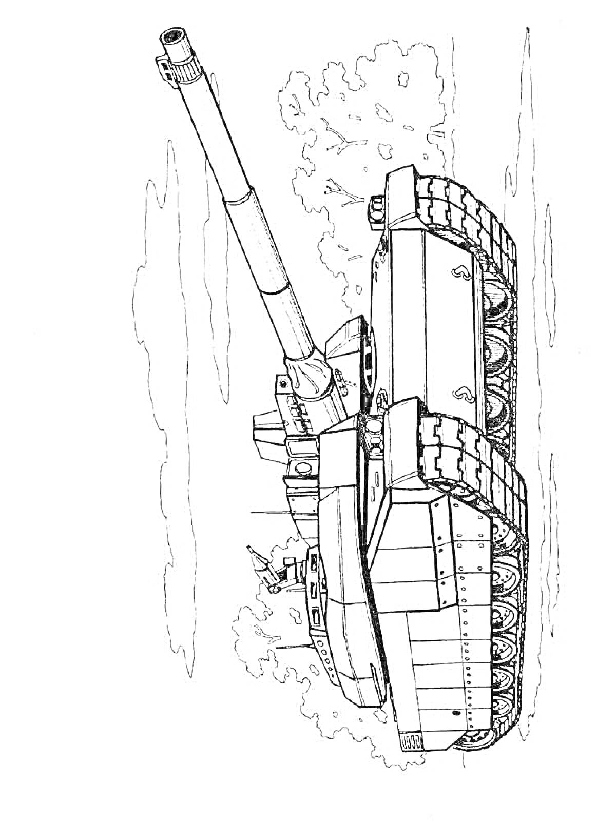 Раскраска Танковая установка с длинной пушкой на гусеничном ходу на фоне деревьев