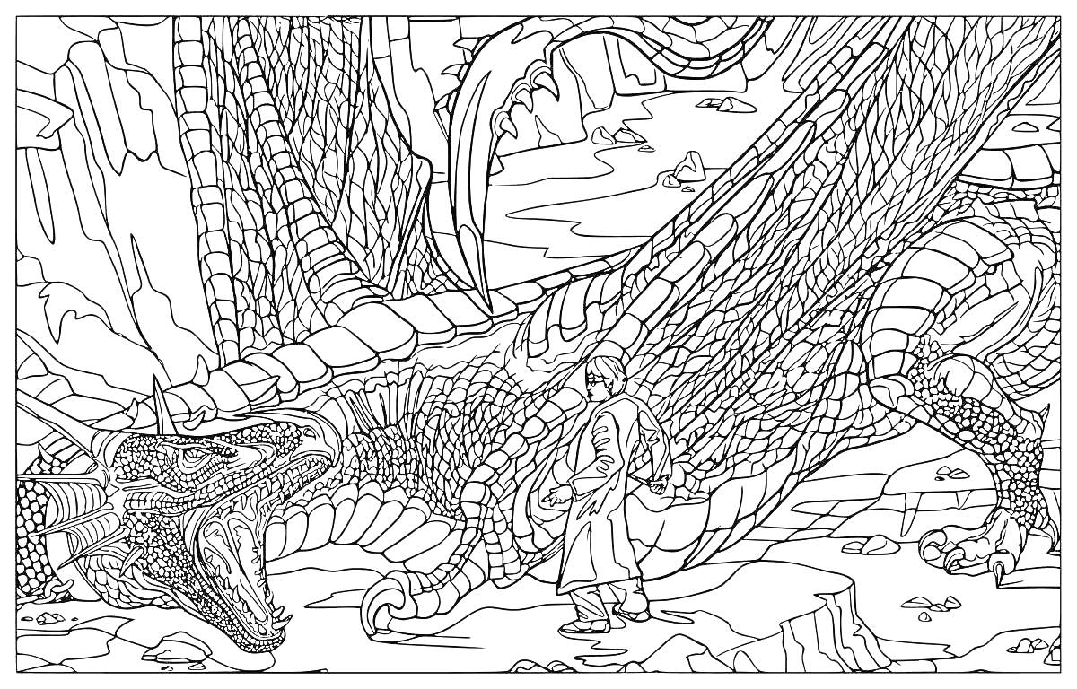 Раскраска Человек стоящий перед гигантским драконом на скалистой местности