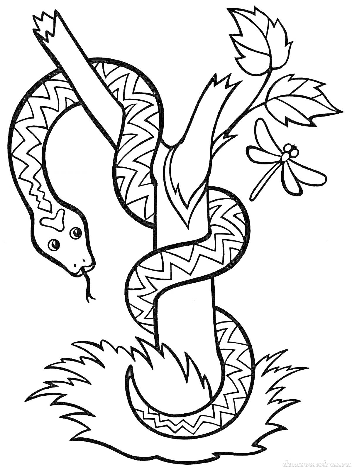 На раскраске изображено: Буква у, Ветка, Трава, Природа, Змеи, Стрекозы