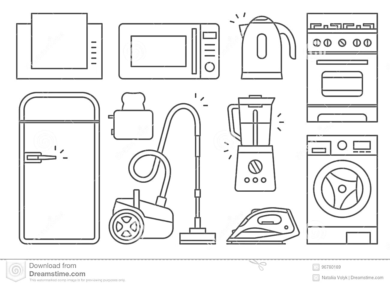 Раскраска электроприборы - микроволновая печь, электрический чайник, холодильник, кухонный комбайн, пылесос, утюг, стиральная машина, духовка