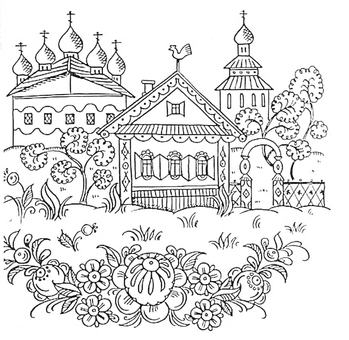 Деревенская сцена с церквями и домом, украшенная цветочным орнаментом