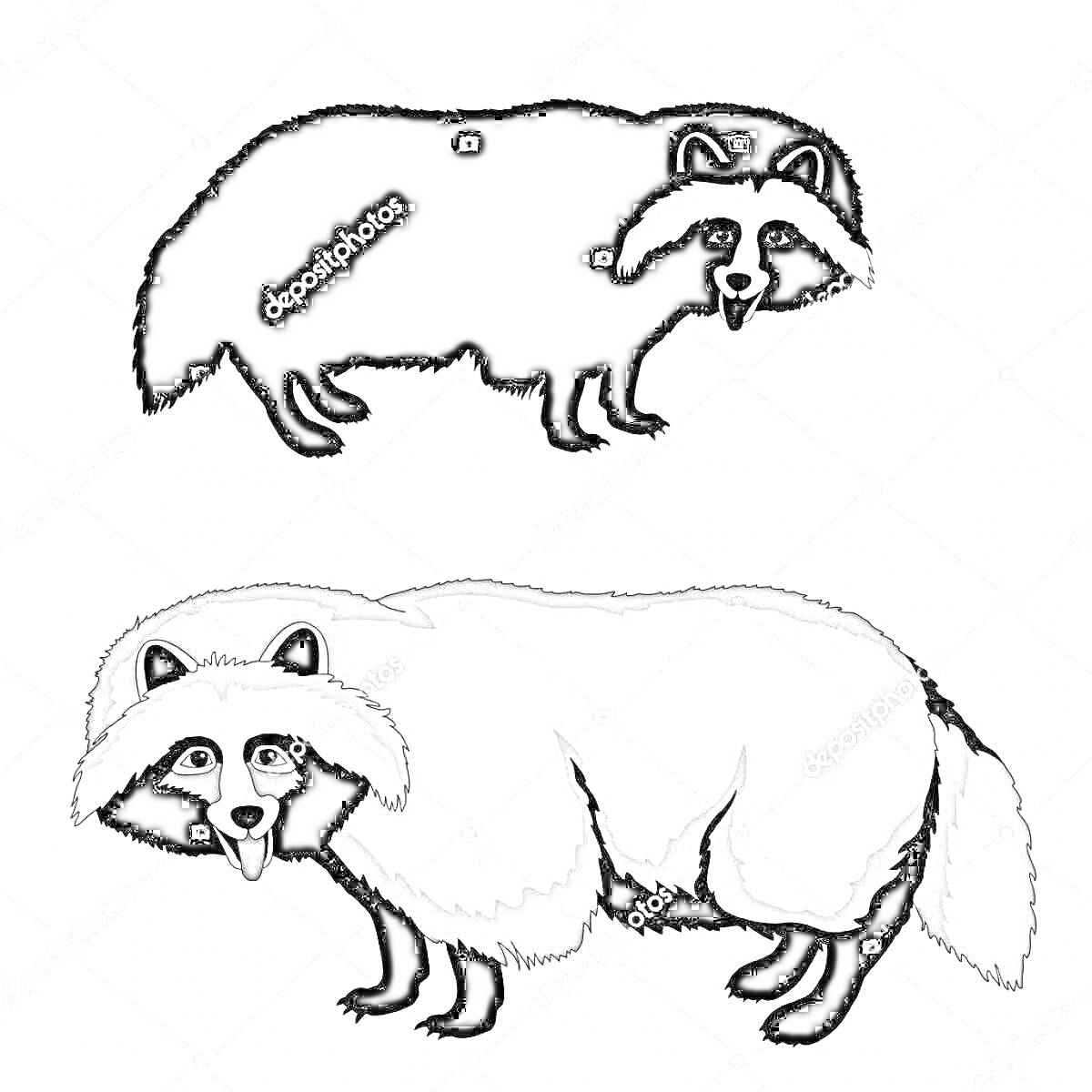 Раскраска Два енотовидных собаки, одна полностью чёрная, другая серого цвета с чёрными и белыми элементами