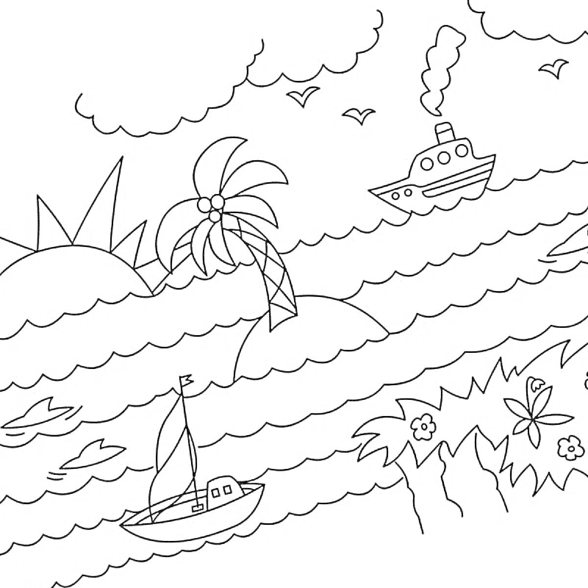 На раскраске изображено: Мальдивы, Восход солнца, Лодка, Катер, Волны, Цветы, Облака