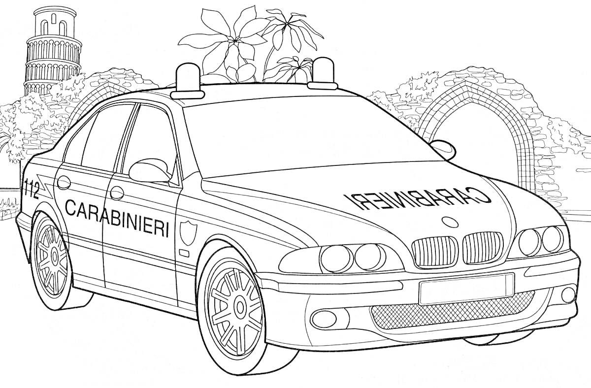 На раскраске изображено: Полицейская машина, Пейзаж, Деревья, Арка, Башни, Авто