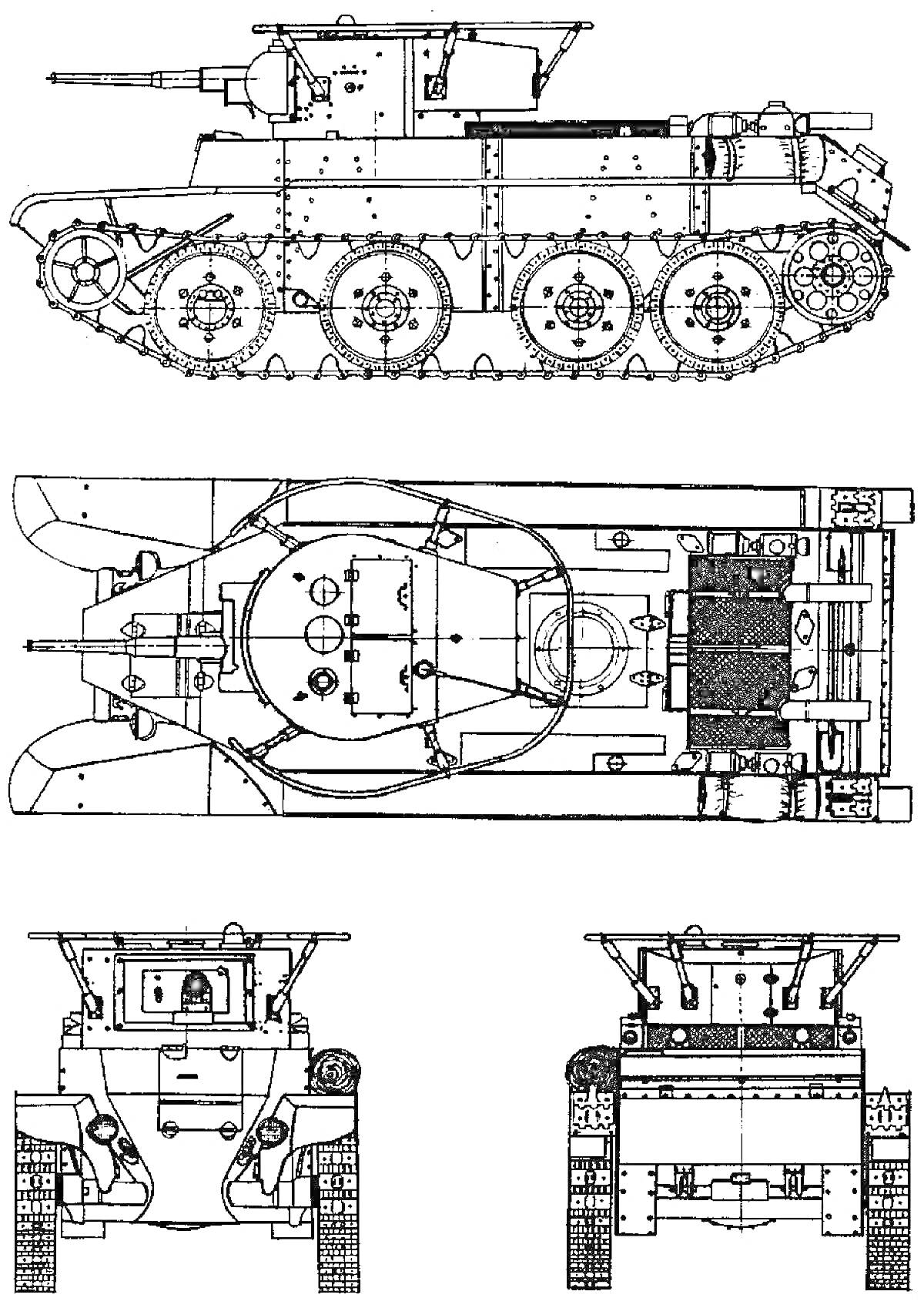 БТ-7: боковой, верхний и фронтальный виды советского лёгкого танка