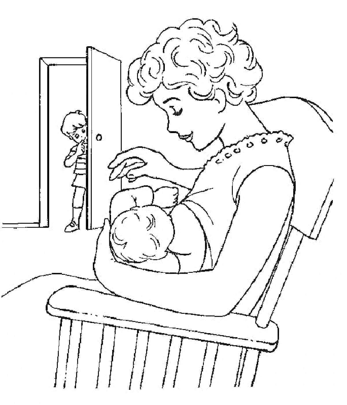 На раскраске изображено: Мама, Младенец, Кресло-качалка, Мальчик, Дверь, Забота, Семья, Корм