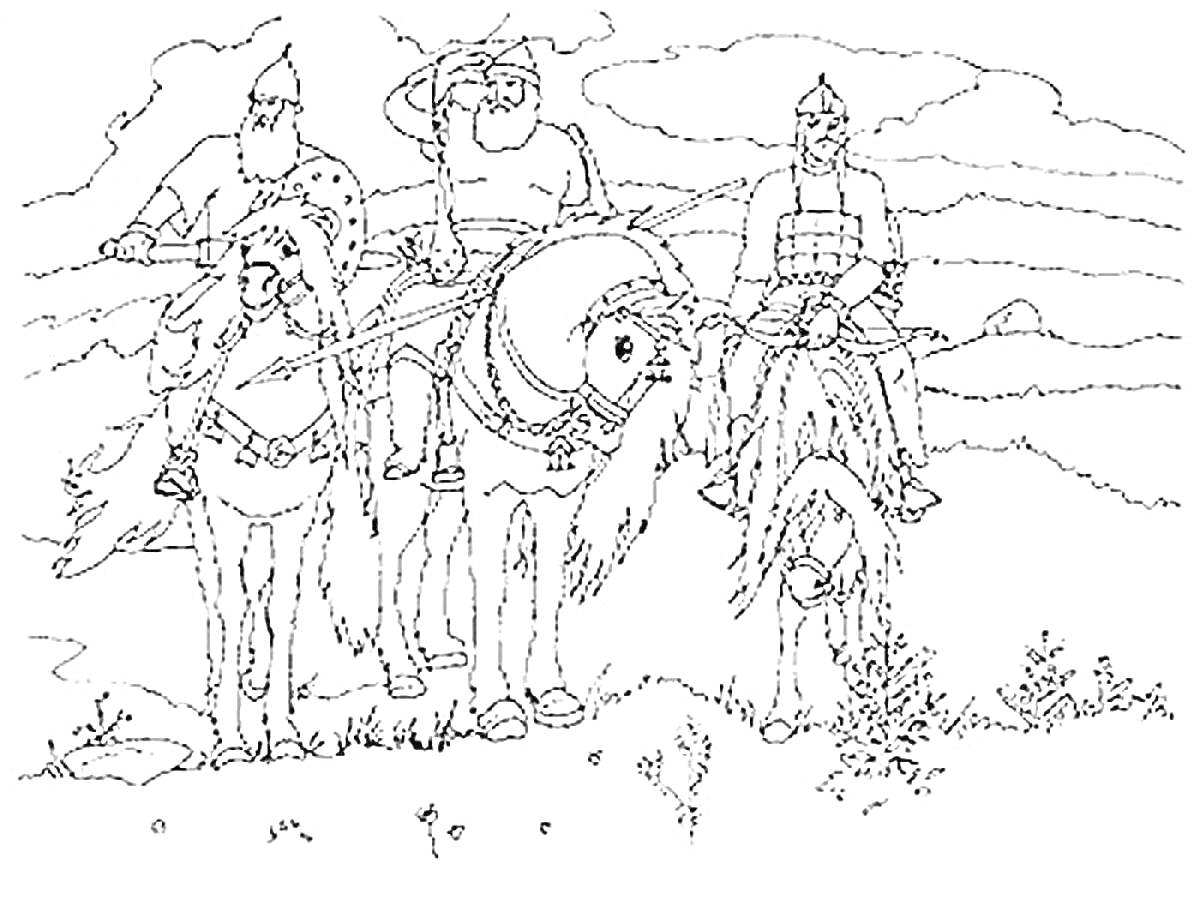 На раскраске изображено: Три богатыря, Копья, Доспехи, Для детей, Пустыня, Пейзаж, Природа, Лошадь