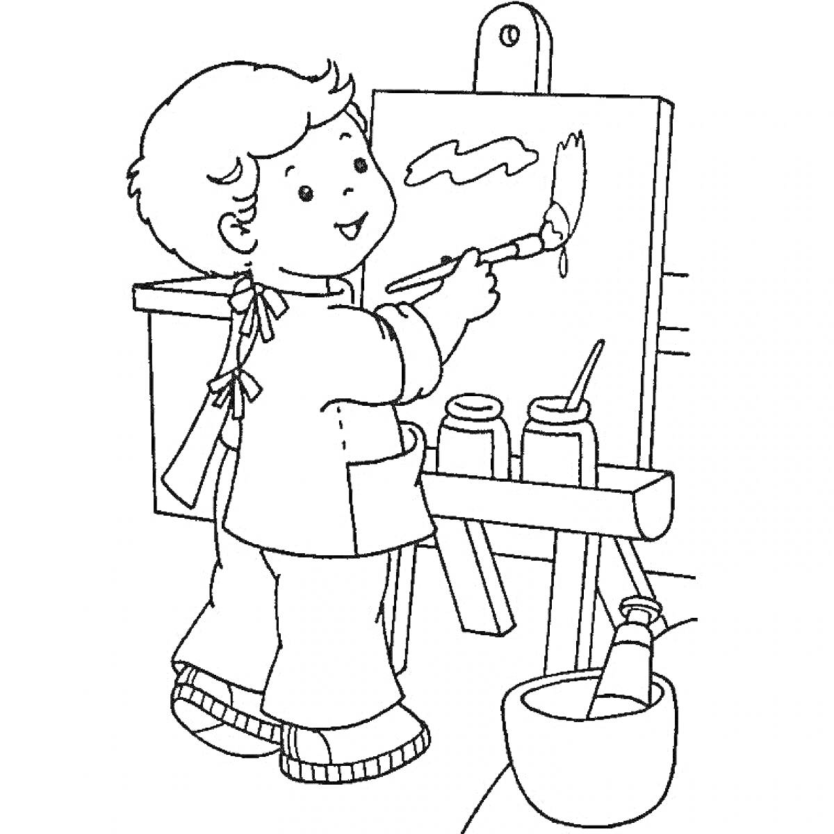 Раскраска Ребенок-художник, рисующий на мольберте, на рисунке присутствуют: кисть, баночки с краской, палитра, стаканчик с водой.