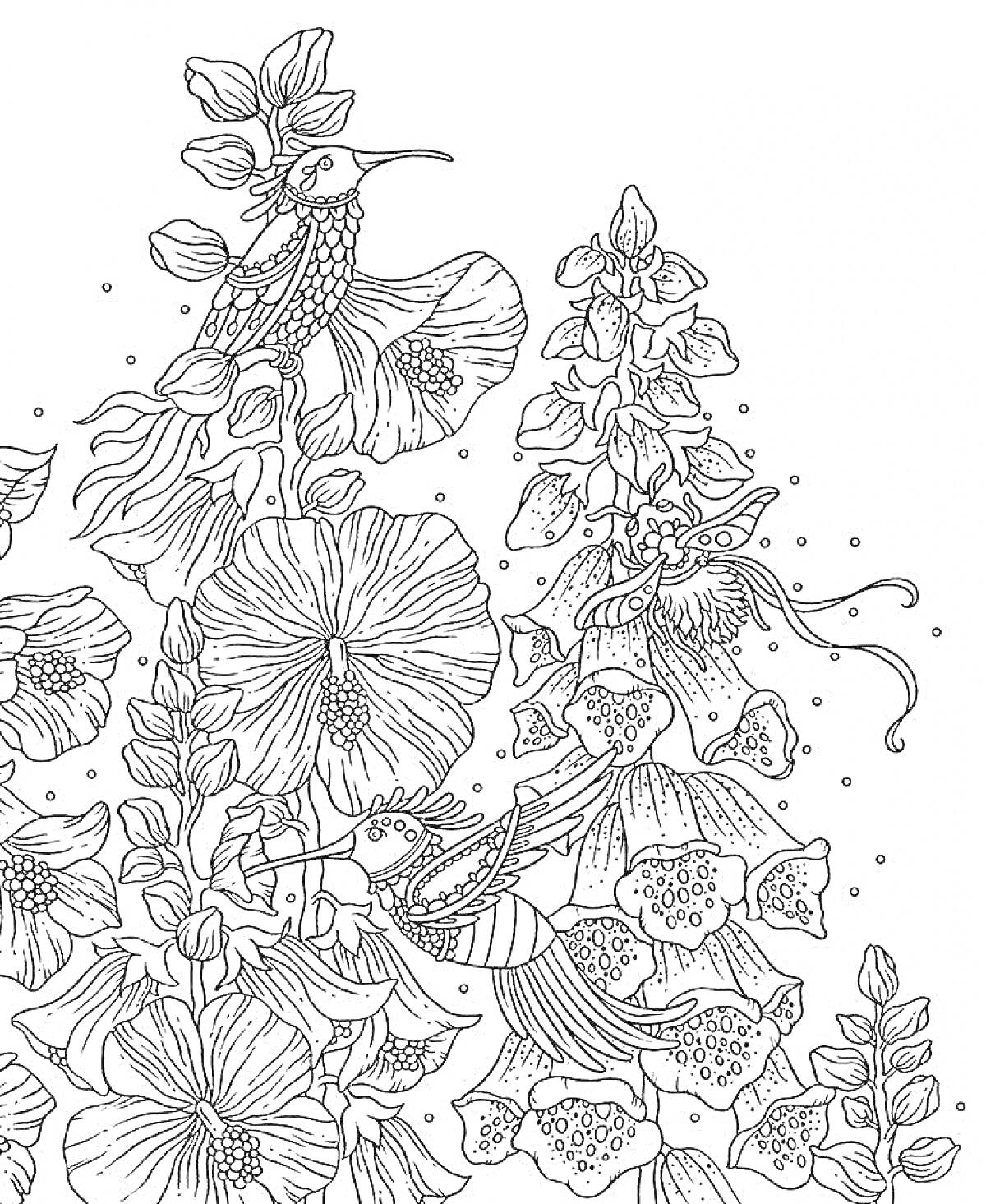 На раскраске изображено: Колибри, Цветы, Листья, Природа, Мария Тролле
