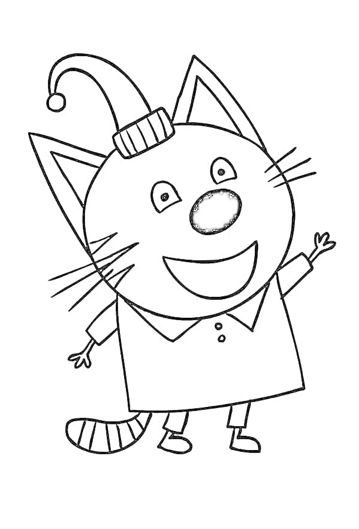 Раскраска Кот в шапке и воротничке с кнопками, стоящий на задних лапах, с поднятой передней лапой.