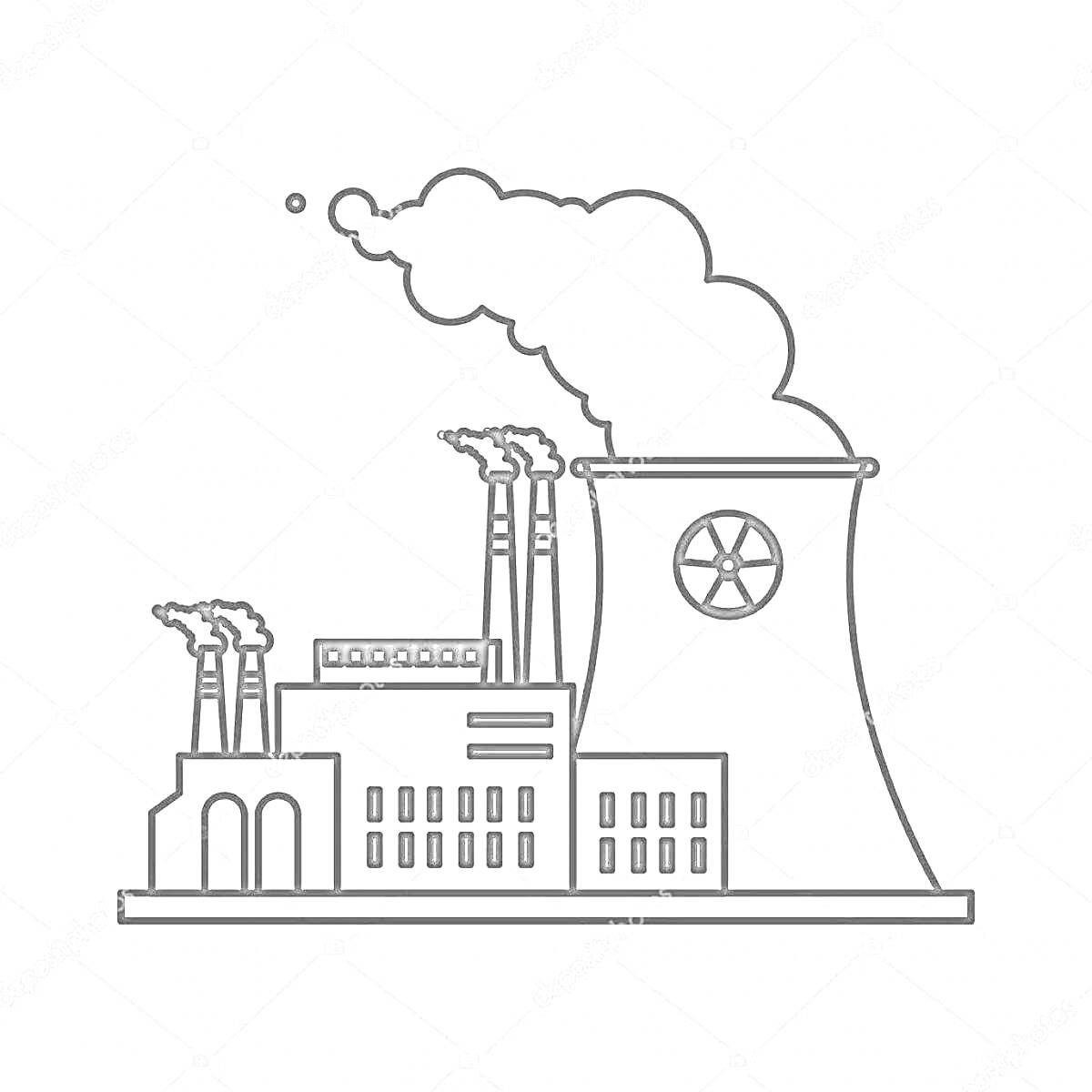 На раскраске изображено: Завод, Дым, Промышленность, Фабрика, Для детей
