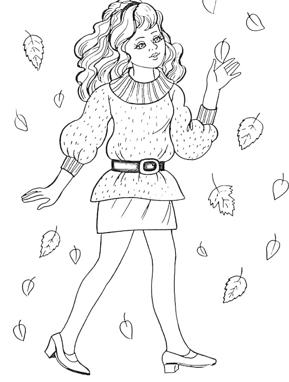 Раскраска Девушка в свитере и юбке среди падающих листьев