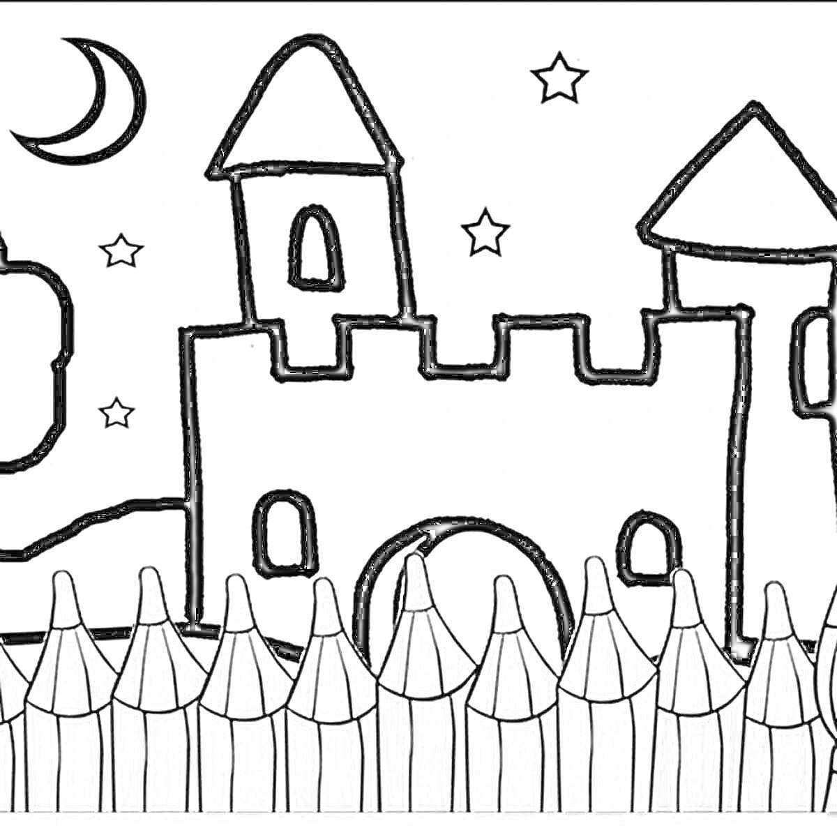 На раскраске изображено: Замок, Башни, Луна, Звезды, Ночь, Карандаши, Деревья