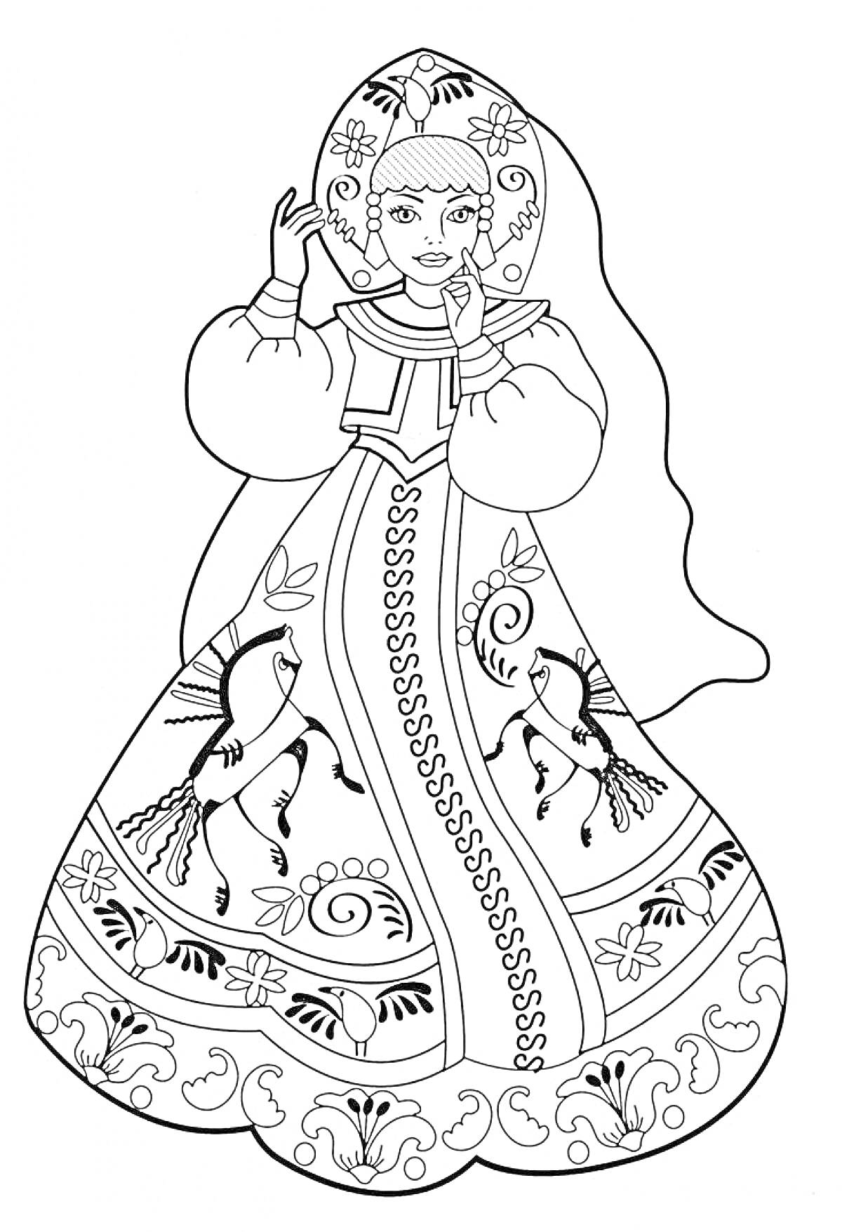 Раскраска Барышня в традиционном платье, с головным убором и узорами с птицами и цветами