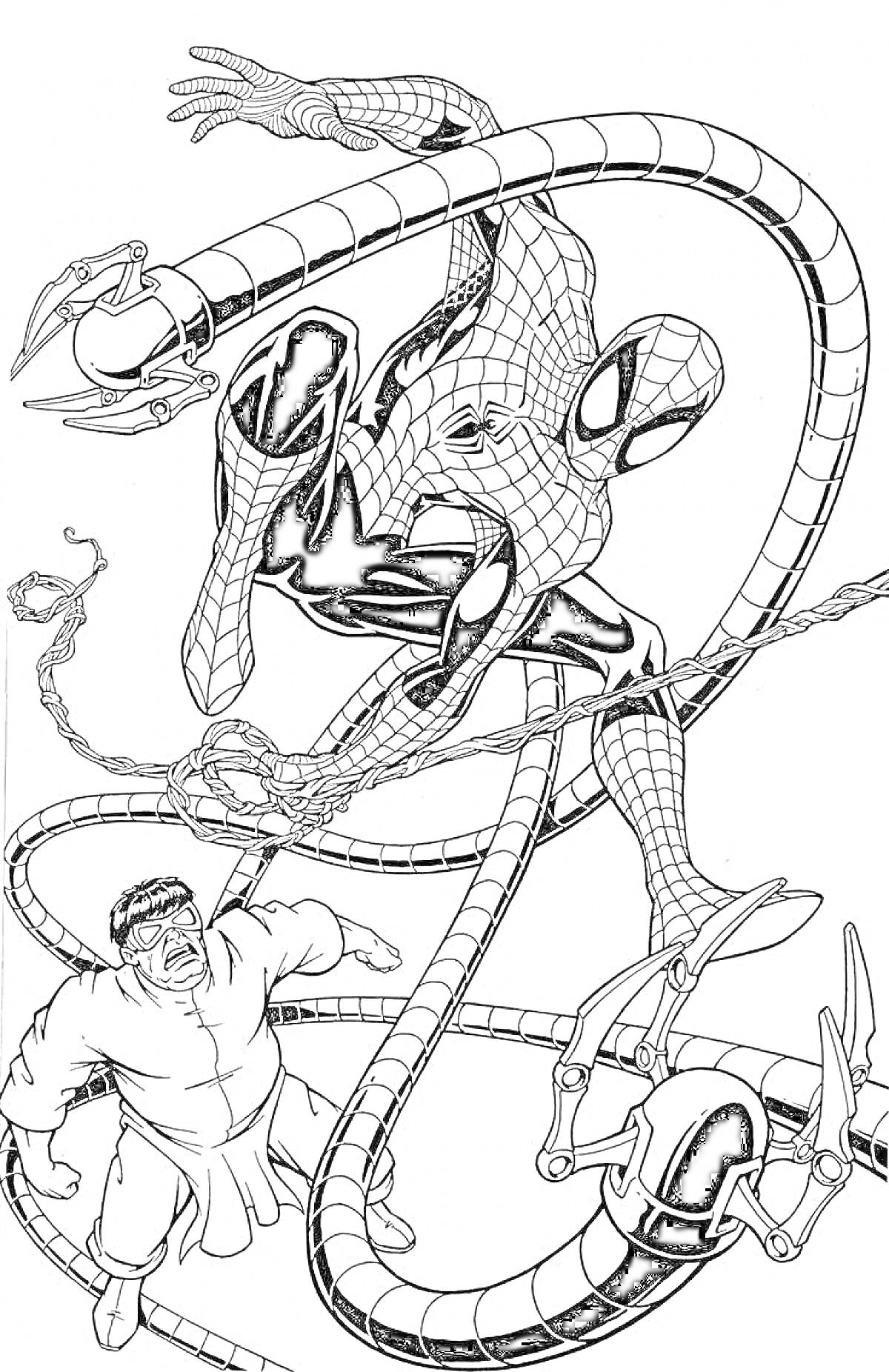 На раскраске изображено: Человек-паук, Доктор осьминог, Сражение, Механические щупальца, Комиксы