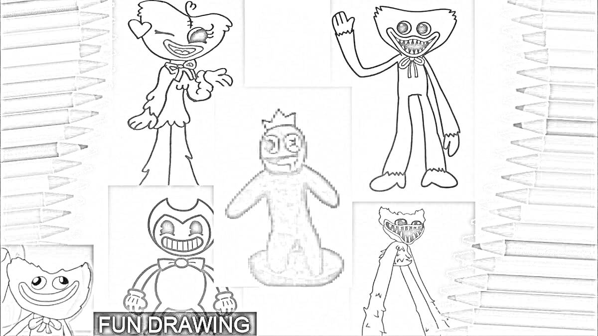 Раскраска раскраска, шесть персонажей с радостными выражениями лиц, две руки из центра страницы, окруженные разными карандашами с каждой стороны