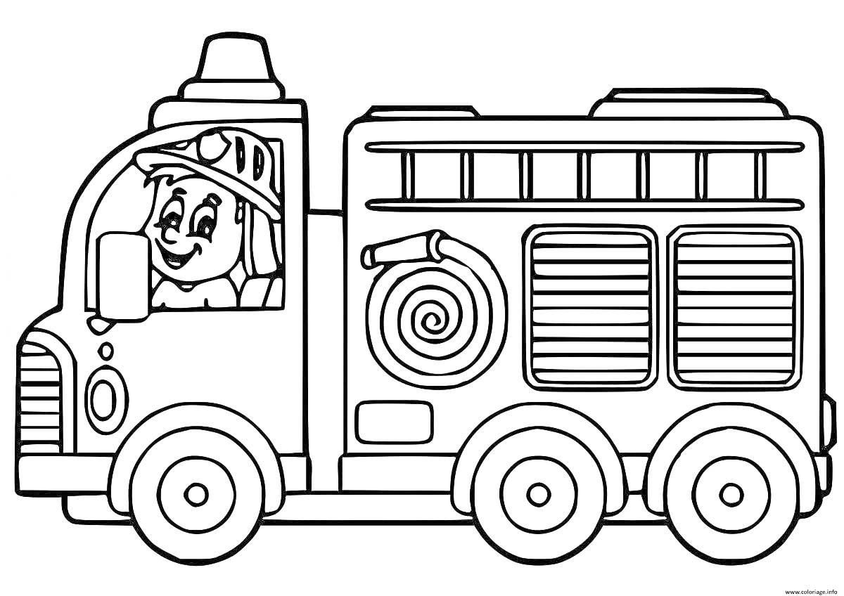 На раскраске изображено: Пожарная машина, Шланг, Транспорт, Для малышей, Для детей, Игрушки, Контурные рисунки, Пожарные, Авто