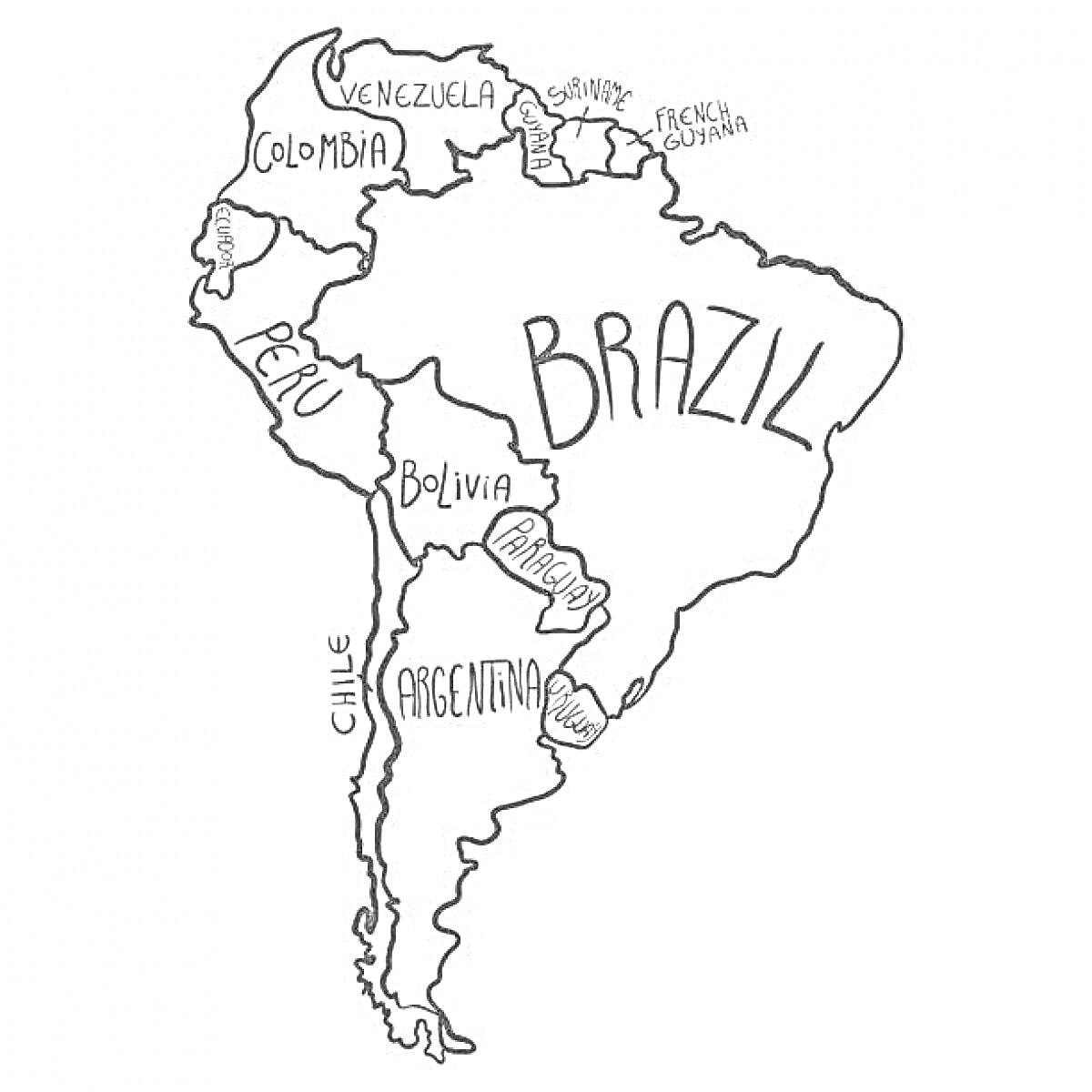 На раскраске изображено: Карта, Южная Америка, Эквадор, Чили, Аргентина, Бразилия, География