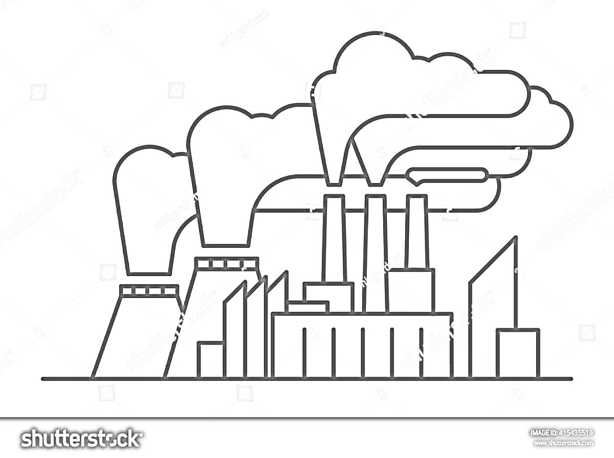 Раскраска Атомная электростанция с трубами и зданиями, выпускающими дым