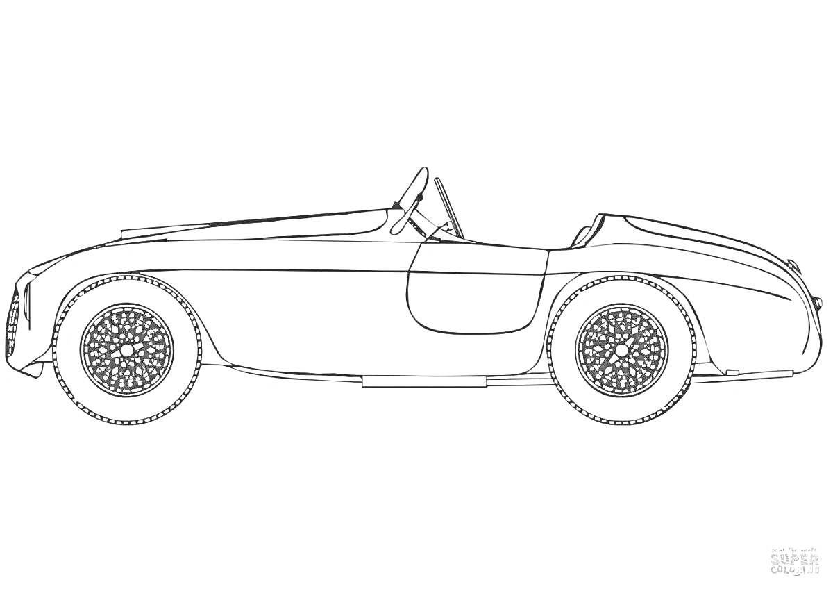 Раскраска спортивный автомобиль с открытым верхом, вид сбоку, черно-белая раскраска