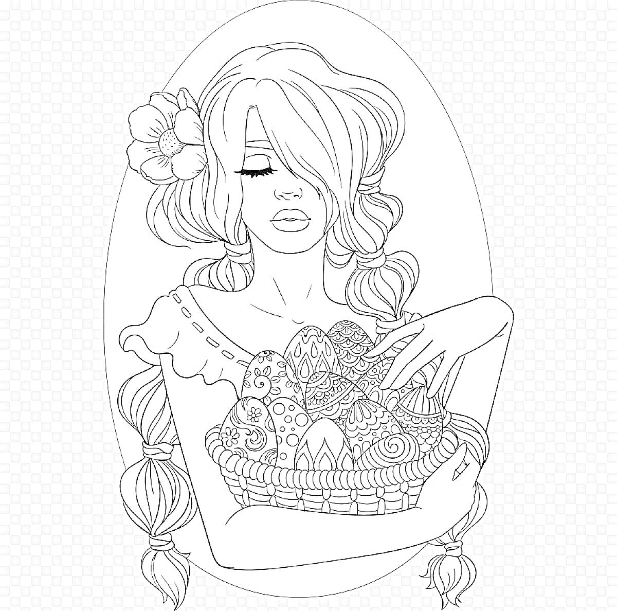 На раскраске изображено: Корзина, Пасхальные яйца, Узоры, Волосы, Руки, Пасха, Девочка, Цветы в волосах