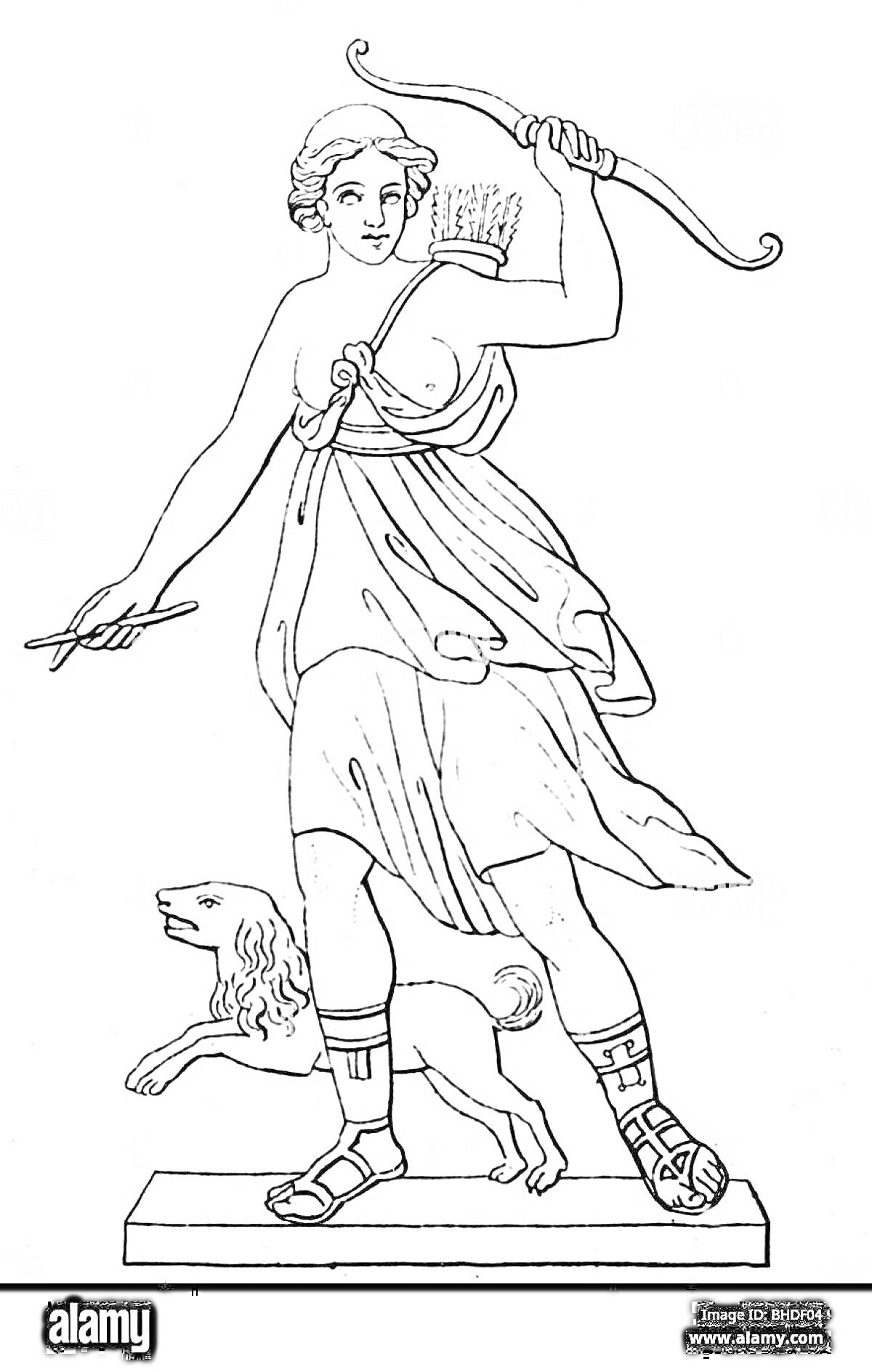 На раскраске изображено: Артемида, Греческая богиня, Лук, Собака, Постамент, Древняя Греция, Мифические существа