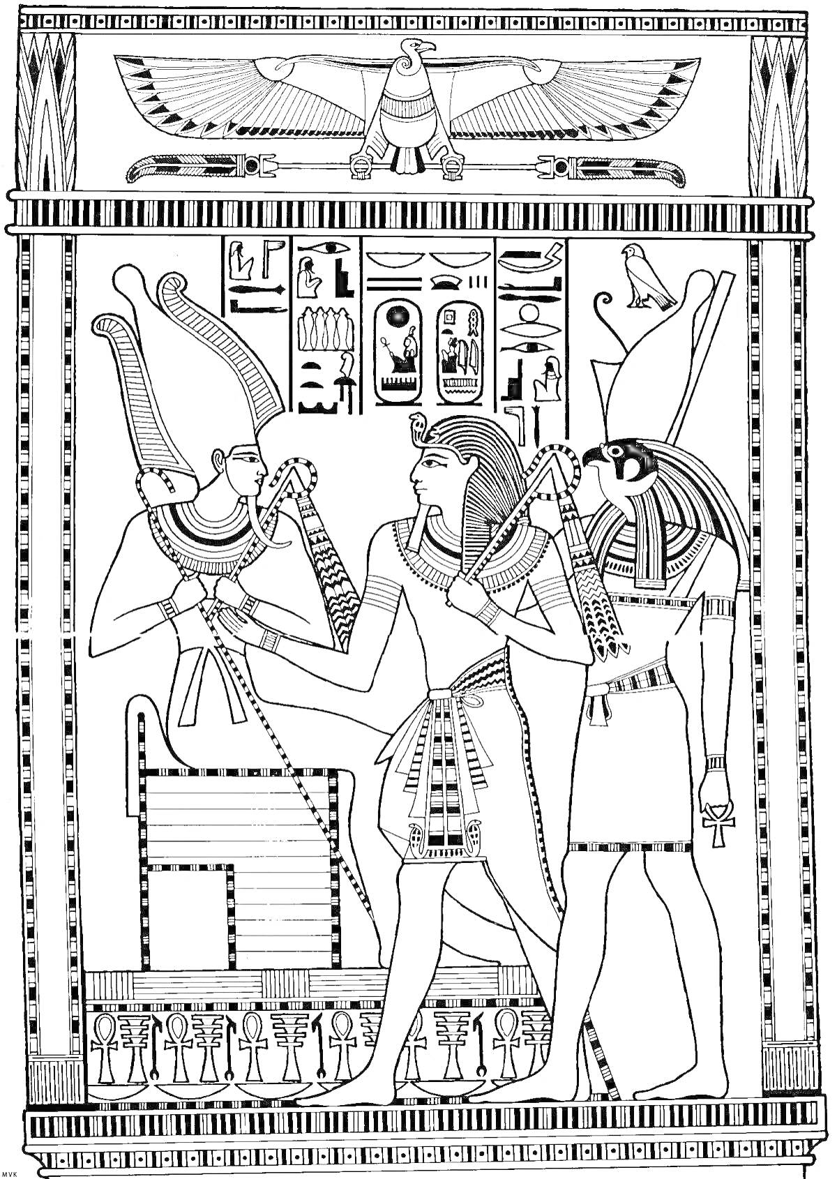 На раскраске изображено: Древний Египет, Богиня, Иероглифы, Религия, Одежда, Символы, Артефакты, Мифические существа
