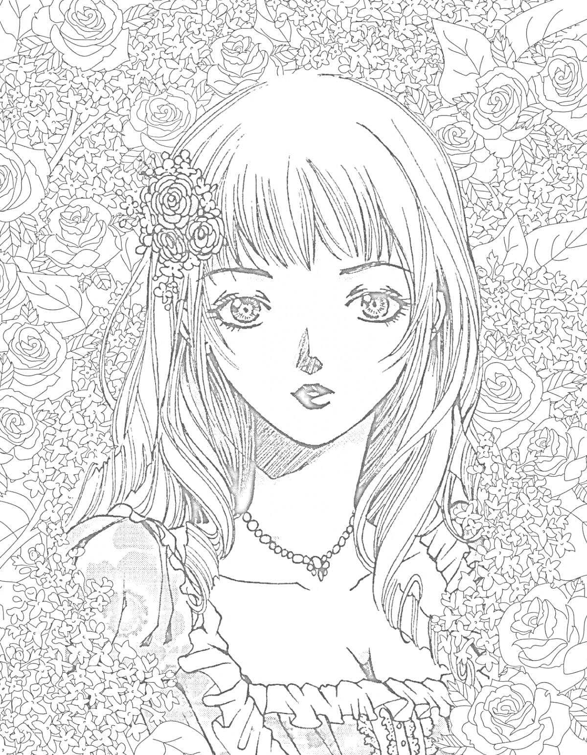 Раскраска Девушка с цветком в волосах на фоне цветов