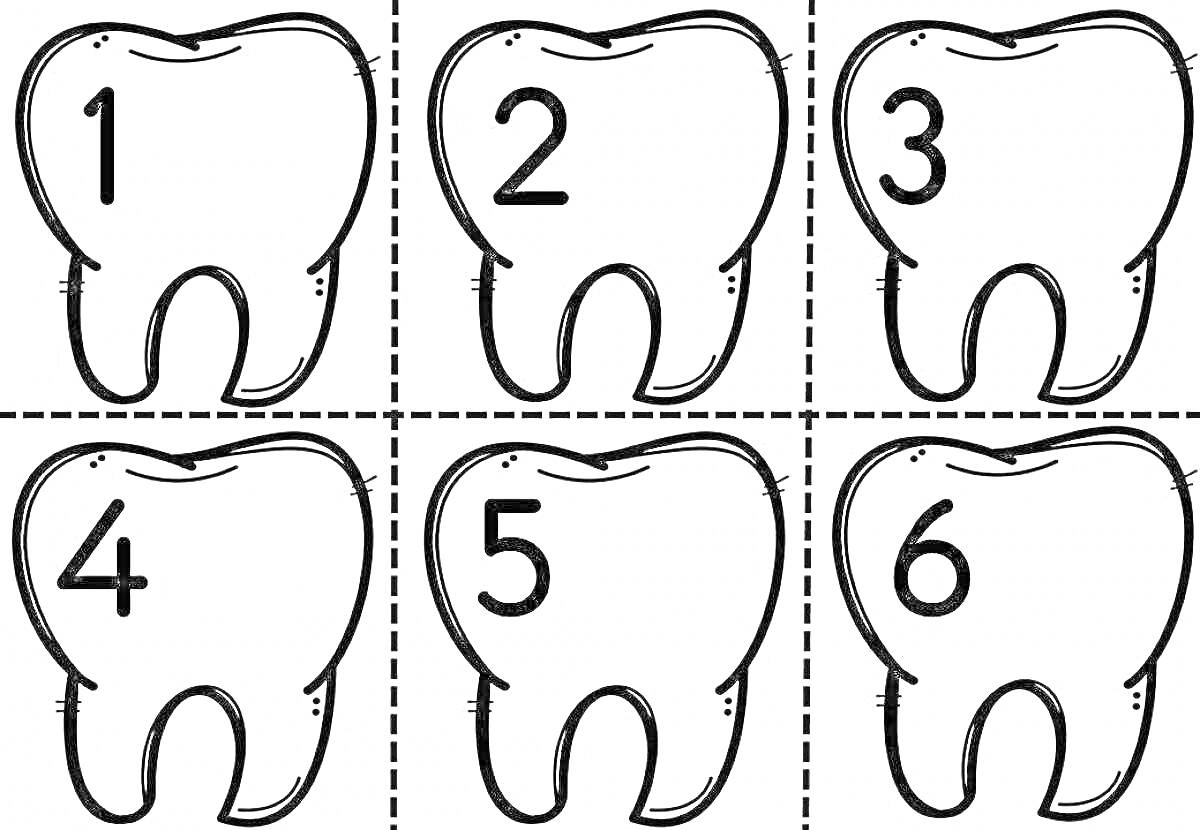 Раскраска Раскраска с номерами на зубах для детей (6 зубов с номерами от 1 до 6)