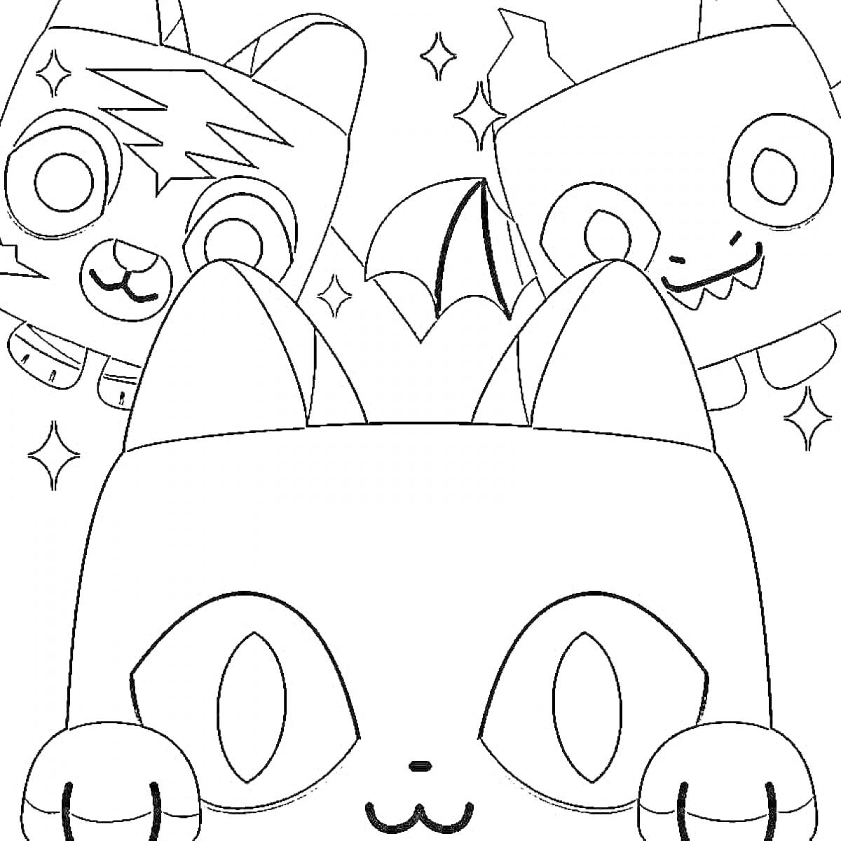 Раскраска Три радужных друга-монстра с большими глазами и ушами, один с короной. Фон украшают маленькие звездочки.